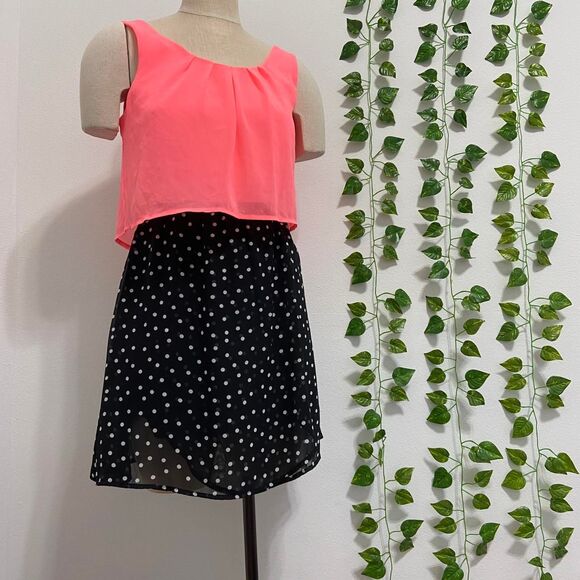 Honey & Rosie Pink Black Polka Dot Chiffon Dress Two-Tone Sleeveless High-Low - Picture 1 of 4